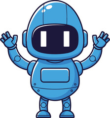 Cartoon blue robot with raised arms and friendly faceplate, standing upright in cheerful pose, isolated on white background, vector illustration