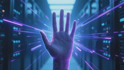 Hand reaching toward glowing data streams in a futuristic server room