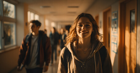 Walking, smile and hallway with girl in high school for education, future and gen z students. Learning, happiness and scholarship with group of teenagers on campus for knowledge, friends and academy