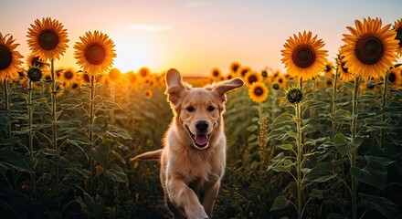 Golden Retriever in a Sunflower Field at Sunset - Joyful Canine in Nature