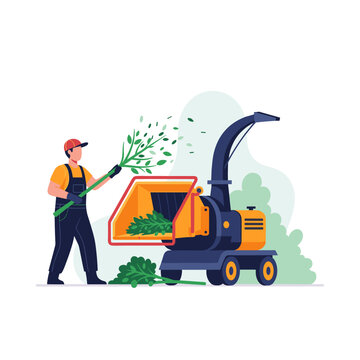 A gardener operates a powerful wood chipper to process garden waste efficiently.