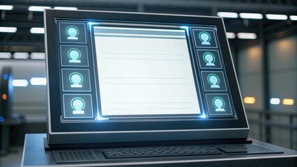 Fototapeta premium A modern touchscreen interface featuring user icons and a blank display, designed for interactive applications in a sleek, futuristic setting.