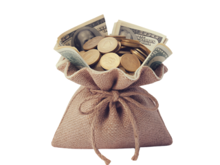 Stack of coins and money in a burlap bag business finance concept indoor setting close-up view