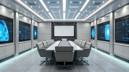 A modern conference room featuring a long table, ergonomic chairs, and high-tech screens, designed for collaborative meetings and presentations.
