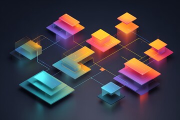 Dynamic abstract network of glowing geometric shapes and lines, representing data flow, connections, and futuristic technology in vibrant gradient colors against a dark background