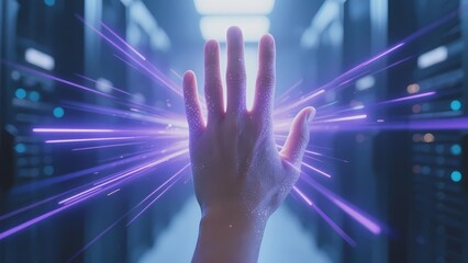 Hand reaching out with glowing purple light beams in a server room corridor