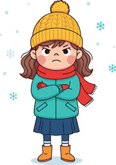 Cartoon child in winter clothes with angry expression, snow falling around, emotional seasonal scene, isolated on white background, vector illustration