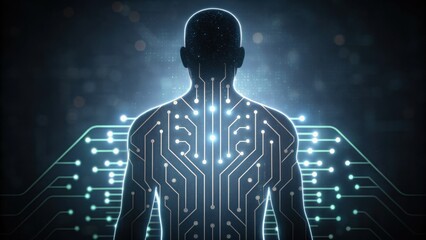 A digital silhouette of a person with a glowing circuit pattern, symbolizing the fusion of technology and humanity.