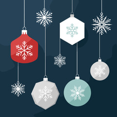 Decorative Christmas ornaments and snowflakes hang against a dark blue background creating a festive winter scene.