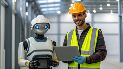 Fototapeta premium A man in safety gear stands with a friendly robot in a modern workspace, both engaged in technology and collaboration.