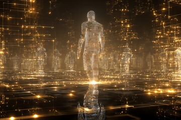 Experience the future as glowing digital human figures emerge amidst a vibrant network of golden data streams, signifying innovation and interconnectedness in a modern technological landscape.