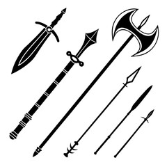 Assorted Ancient Weapon Silhouettes on White Background