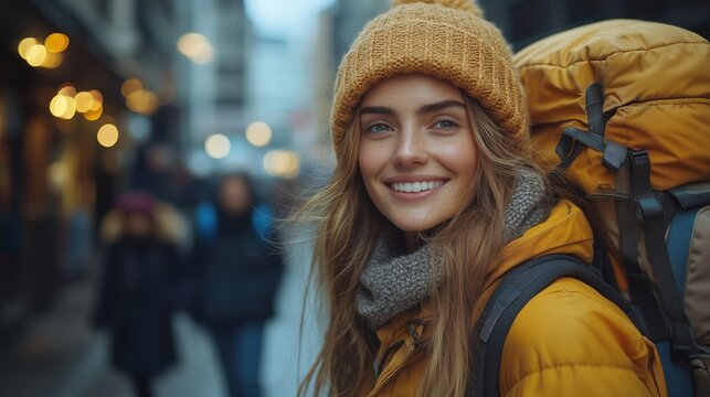 A joyful female backpacker with a bright smile looks at the camera while walking on a city street. She wears a yellow jacket and a knit beanie, with blurred people and lights in the background