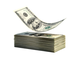 Stack of money with flying dollar bill business environment high-quality image wealth concept