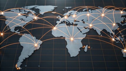 A digital world map with glowing connections, symbolizing global networking and communication across continents.