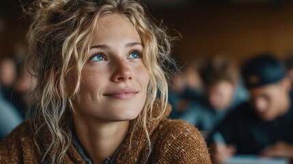 A close-up portrait of a young, diverse high school student with wavy hair and bright blue eyes, smiling and looking up attentively during a class