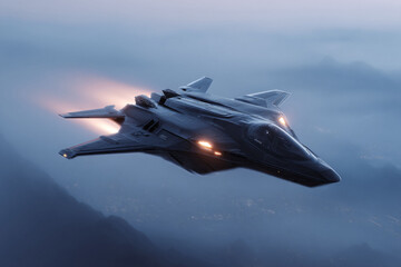 Naklejka premium Futuristic fighter jet soars through misty skies. Powerful, sleek design embodies innovation and technological advancement. Ideal for scifi, gaming, or engineering themes.