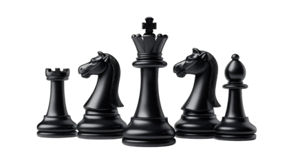 Black Chess Pieces King Knight Rook Bishop on Black isolated on a transparent background