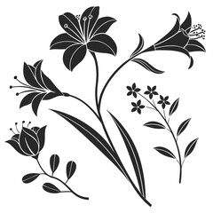Assortment of Black Silhouette Flowers and Leaves floral