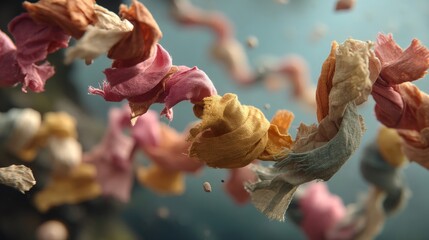 Abstract representation of joy as a floating chain of brightly colored fabric pieces swirling and twisting in mid-air against a blurred background