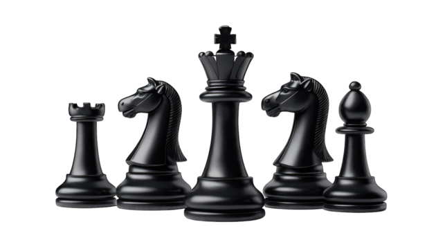 Black Chess Pieces King Knight Rook Bishop on Black isolated on a transparent background