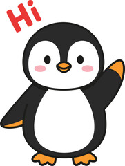 Cartoon penguin waving with cheerful smile and “Hi” text, friendly greeting character, isolated on white background, vector illustration
