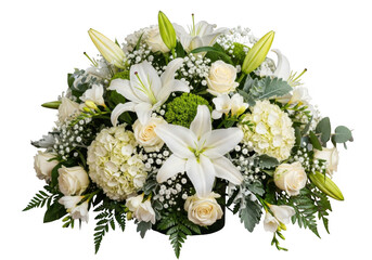 Elegant white floral arrangement with lilies and roses isolated on transparent background