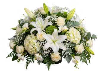 Elegant white floral arrangement with lilies and roses isolated on transparent background