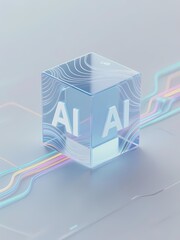 Fototapeta premium Transparent cube with AI text and colorful data streams on a futuristic surface