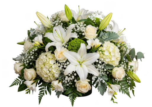 Elegant white floral arrangement with lilies and roses isolated on transparent background - Powered by Adobe