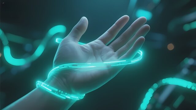 Human hand with glowing blue energy lines in a futuristic technological environment