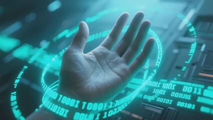 Human hand interacting with futuristic digital interface displaying binary code and holographic elements