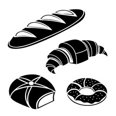 Bakery items and a donut silhouette on white background Keywords: bread, baguette, loaf