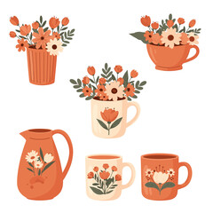 A collection of beautiful vases and mugs filled with colorful flowers for home decoration.
