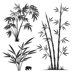 Bamboo Silhouettes And A Rhinoceros Silhouette On White Background