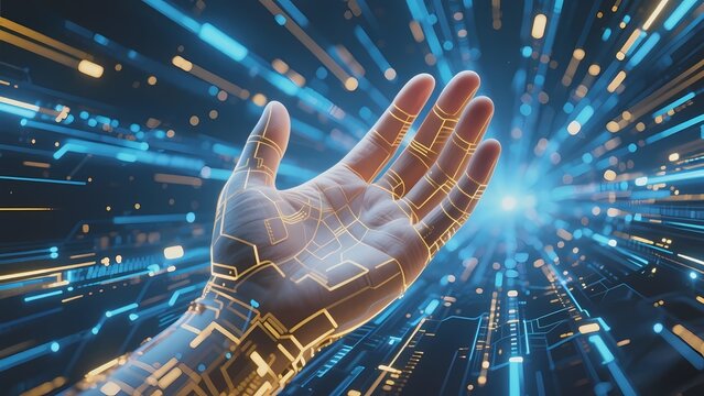 Human hand with glowing circuit patterns against a futuristic digital background of light trails and data streams