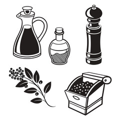 Black and White Illustrations of Kitchen Condiments and Spices