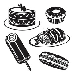 Black and white illustrations of various desserts and a hot dog Keywords: cake, donut, popsicle