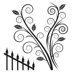 Black Floral Swirls with Decorative Fence Keywords: floral, swirl, vine, leaf, fence, decorative