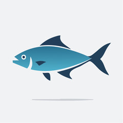 Fototapeta premium A simple, stylized blue fish icon with dark fins, swimming left on a light gray background.