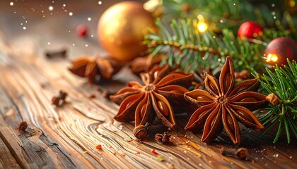 Christmas spices on a wooden table