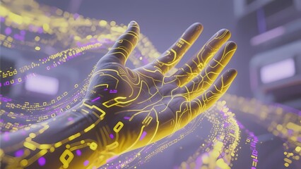 A human hand illuminated with glowing digital circuits and data streams in a futuristic technological environment.