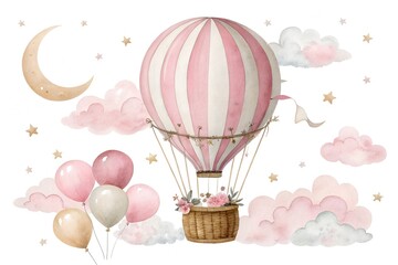 Pink Hot Air Balloon With Clouds Moon And Stars For Baby Girl stripes
