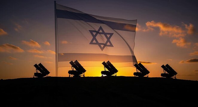 Israel iron dome missile defense system at sunset