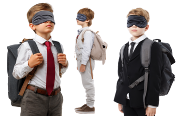 Schoolboys in suits blindfolded isolated surreal education concept