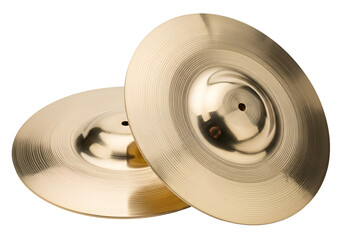 Two golden cymbals sit atop a dark background, showcasing their smooth, ribbed surfaces and central holes.