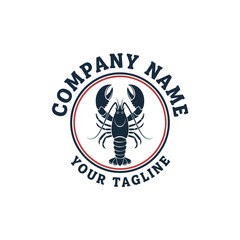 -style circular logo featuring a stylized navy blue lobster illustration with 'COMPANY' and 'YOUR TAGLINE' text on a white background, suitable for seafood brands or restaurants., Flat Vector