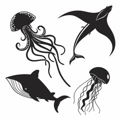 Black Silhouette Collection of Marine Animals Whale Jellyfish Stingray