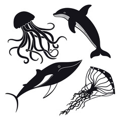 Black Silhouette Group of Ocean Animals Dolphin Whale Jellyfish