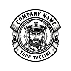Nautical Captain Emblem Logo with Bearded Sailor and Ship's Wheel in Black and White, Flat Vector Elements, Vector Illustration, Simple Vector, Stylized Vector Drawing, Vector Template, Clean Vector